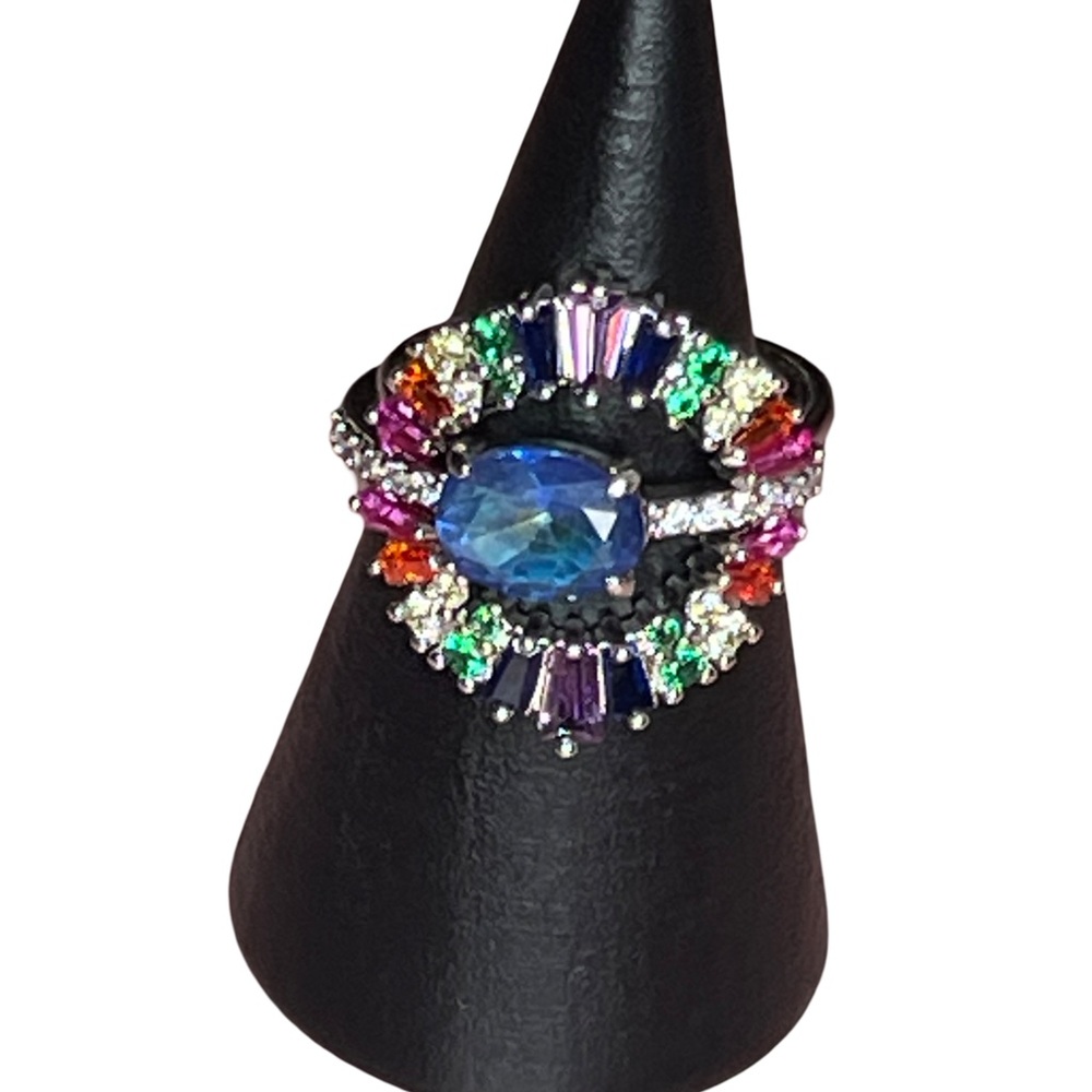 Blue and Green Cocktail Ring with Sunburst Design